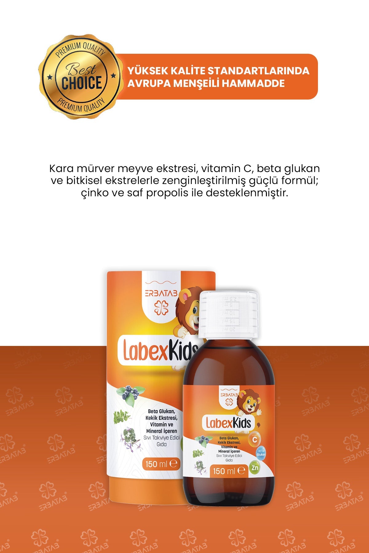 Erbatab Labex Kids Çinko Kekik Beta Glukan Karamürver Çocuk Multivitamin Şurup 150 ml
