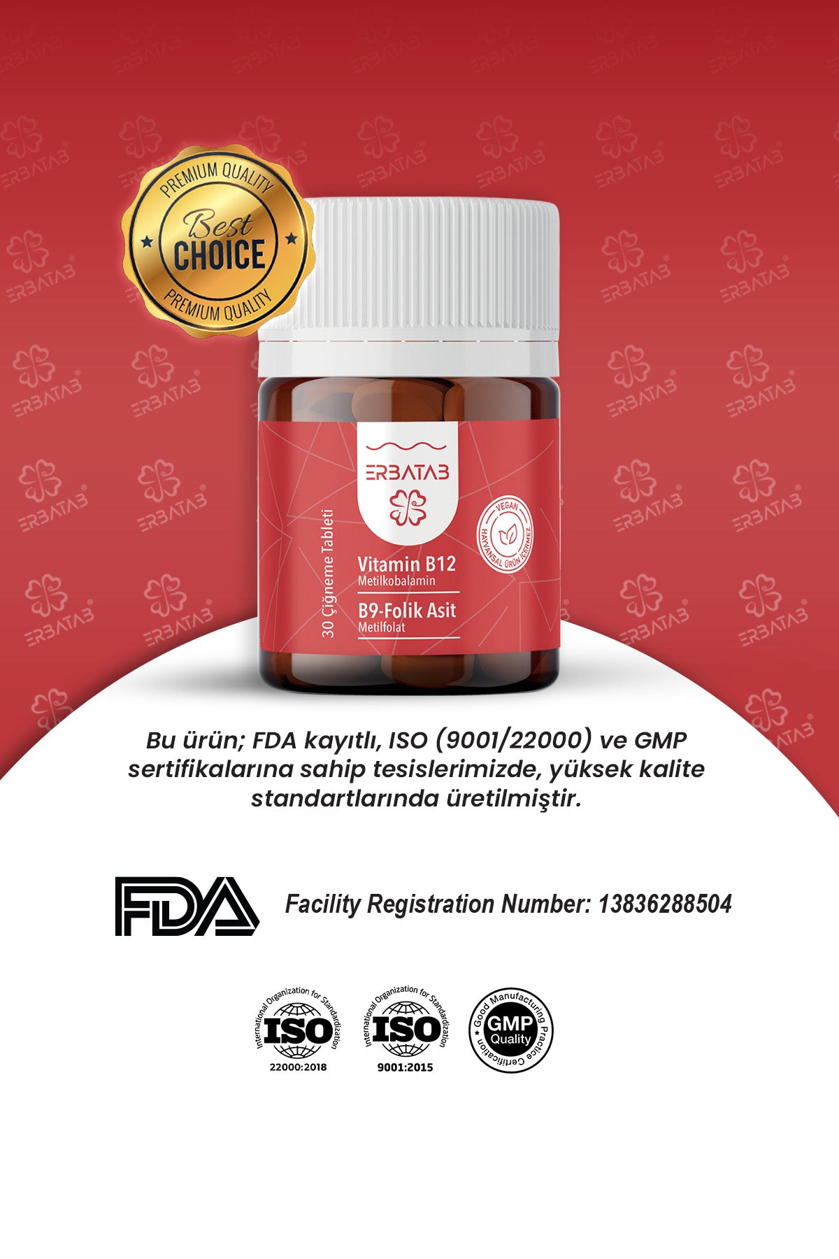 Erbatab Vitamin B12- Folik Asit B9 Tablet Metilkobalamin-Metilfolat
